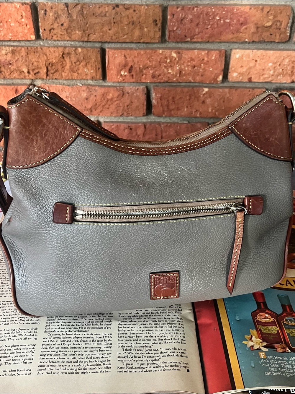 Dooney & Bourke Gray Leather Shoulder Bag with Brown Trim
